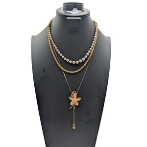 Lot of Three Gold Tone Vintage Necklaces-Mesh Flower Lariat Chain Faux Pearl